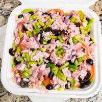 Antipasto Salad · Lettuce, Tomatoes, Ham, Salami, Black Olives, Red Onion, Green Peppers & Provolone Cheese