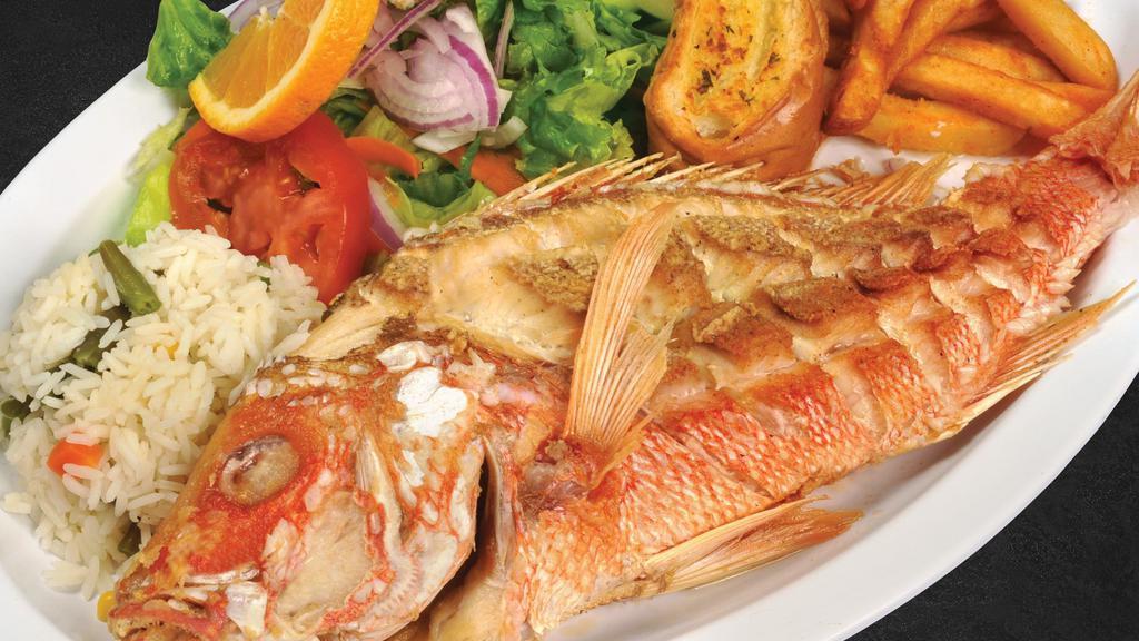 Huachinango Al Gusto · Deep fried whole red snapper, topped with your sauce of choice: diabla, garlic butter, spicy house seasoning.