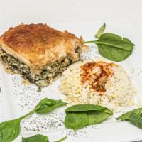 Mary'S Spinach Pie Dinner · Ms. Mary's own famous made from scratch spinach pie presented with rice pilaf and baby Greek...