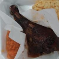 Smoked Turkey Leg With 2 Sides And Cornbread · Available on Friday and Saturdays Only