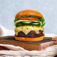 Holy Jalapeno Burger · American beef patty topped with melted cheese, jalapenos, lettuce, tomato, onion, and pickle...