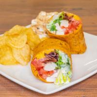 Chicken Bacon Ranch Wrap · Roasted chicken breast, thick-cut bacon, romaine lettuce, Cheddar cheese, tomatoes, and ranc...