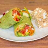 Crazy Good Veggie Wrap · Hummus, sliced avocado, red pepper strips, cucumbers, tomatoes, carrots, romaine, provolone ...