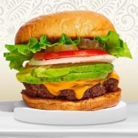 Avocado Avenue Burger · Plant-based impossible patty grilled and topped with avocado, melted vegan cheese, buttered ...