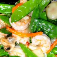 Shrimp With Peapods · Served with steamed rice.