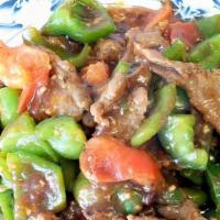 Beef With Tomato & Green Pepper · Served with steamed rice.