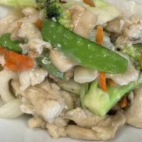 Chicken Kow · Chicken w. Bok Choy, Broccoli, Peapod, Carrot, Water Chestnut, Mushroom. Served with white r...