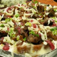 Loaded Fries (Uptown) · Mozzarella cheese, Brisket, bacon, horseradish, candied red onion, blue cheese and scallions.