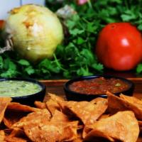 Guacamole, Red, & Green Salsas · Made in house served with warm crispy corn tortillas.