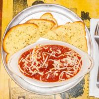Meatball Appetizer · Three homemade meatballs simmered in spaghetti sauce and sprinkled with mozzarella cheese. S...