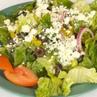 Greek Salad · Direct from Athens! Spinach, fresh romaine lettuce, onions, black olives, banana peppers, to...