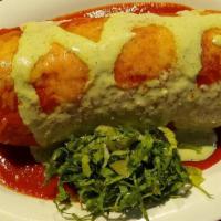Vegan Wet Burrito · Choice of vegetarian protein with black beans, rice and avocado.  Smothered in red or green ...