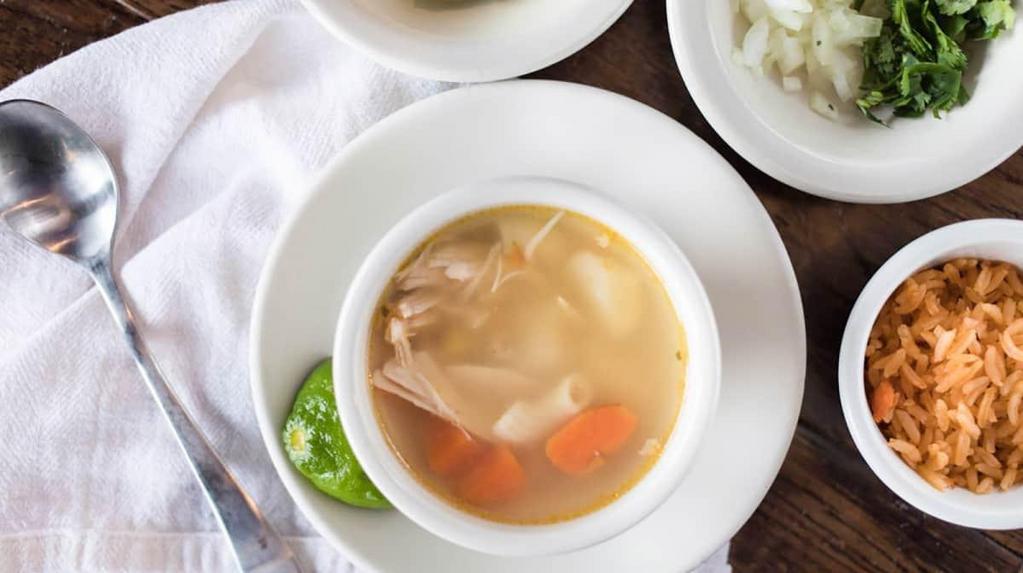 16 Oz. Consome · Yes, this is the cup of soup you receive before your dinner arrives when you dine with us . Our signature chicken soup featuring shredded chicken breast and noodles. Made from scratch every day!! Includes a side order of rice too!