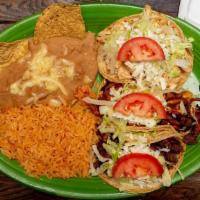 Taco Dinner · Three tacos with your choice of ground beef, chicken, pork (al pastor), shredded beef (deseb...