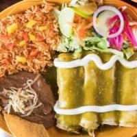 Lalo'S Enchiladas Suizas · Four rolled up corn tortillas filled with pulled chicken, topped with melted chihuahua chees...