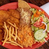 Milanesa De Pollo · Breaded chicken breast, pan fried and topped with French fries. Served with Spanish rice, re...