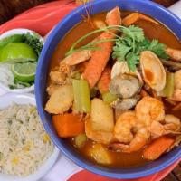 Sopa Marina · A seafood soup assortment featuring shrimp, crab legs, fresh water shrimp, octopus, clams, m...