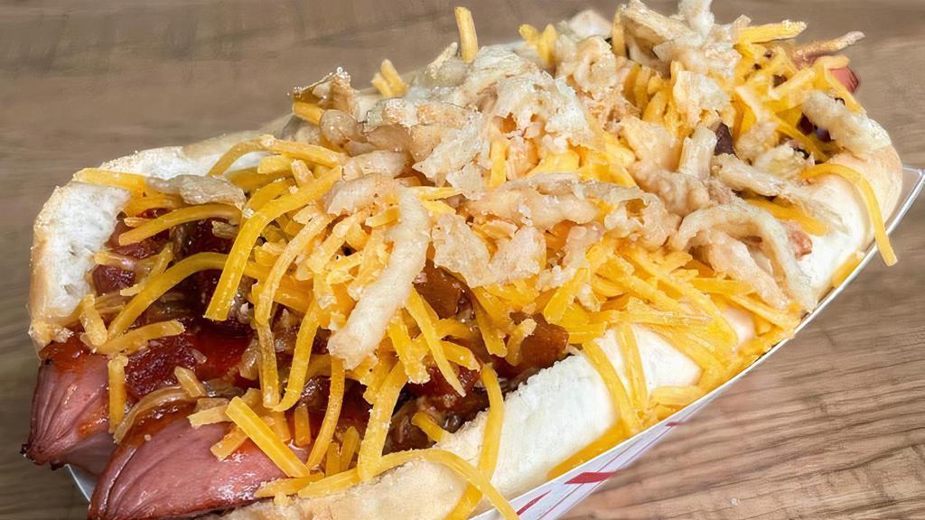 Beer Gut Dog · 1/4LB All Beef Hot Dog, Beer Gut Chili, Cheddar Cheese, Fried Onion Straws