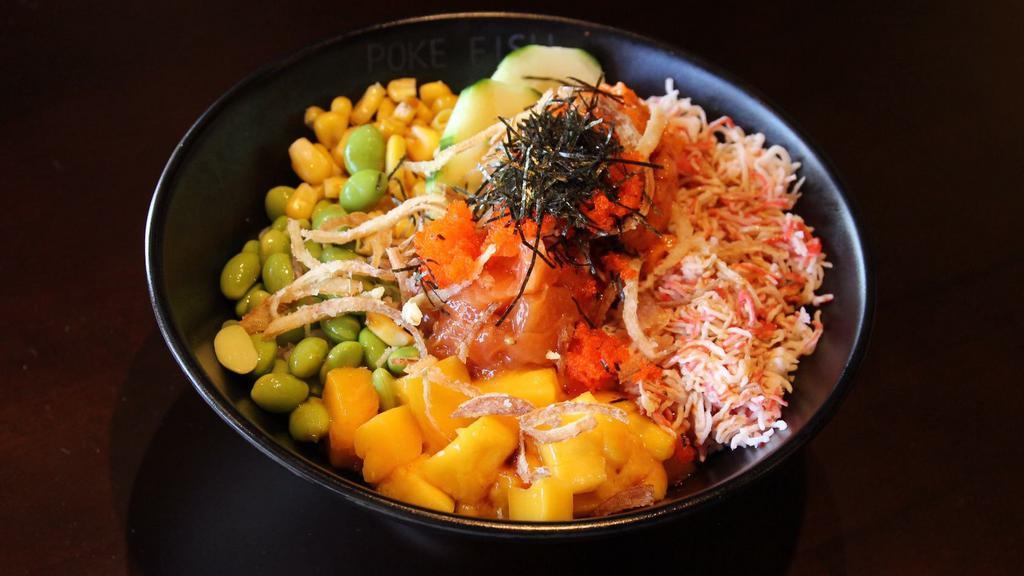 Salmon Lover · Salmon, spicy salmon, crab salad, mango, edamame, corn, cucumber, masago, onion crisps, roasted seaweed, and poke sauce.

Consuming raw or undercooked meats, poultry, seafood, shellfish, or eggs may increase your risk of foodborne illness, especially if you have certain medical conditions.