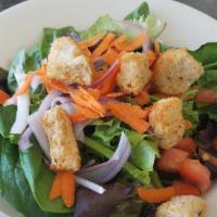 House Salad · Mixed greens, tomato, red onion, carrots, croutons.