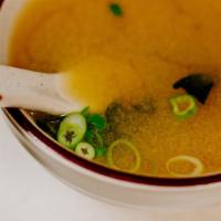 Miso Soup · Soybean paste broth with tofu, seaweed and green onion.