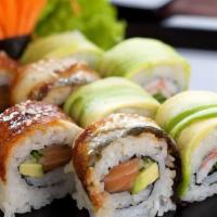 Dragon Roll (8 Pcs) · (Eel and Cucumber inside topped with avocado and eel sauce).