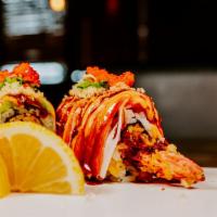 Angel Hair Roll (8 Pcs) · (Shrimp tempura and apple topped with crab, avocado, crunch, masago and scallion in spicy ma...