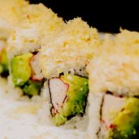 Snow Mountain Roll (8 Pcs) · Spicy. (Crab, cucumber, avocado inside, topped with honey cheese and crunch).