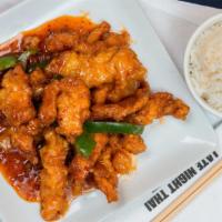 Thai Spicy Chicken +Rice · Prepared spicy with breaded chicken, pineapple, and bell pepper in a sweet chili sauce.