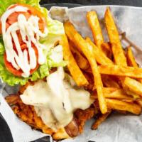 Breaded Chicken & Bacon Sandwich · Breaded chicken breast served on a fresh roll with Swiss cheese, bacon, lettuce, tomato and ...