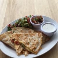 Quesadillas · Large flour tortilla filled with cheddar and chihuahua cheeses, pico de gallo and served wit...