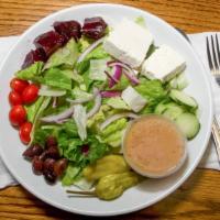Greek Salad · Mixture of greens with tomatoes, red onions, cucumbers, house roasted beets, kalamata olives...