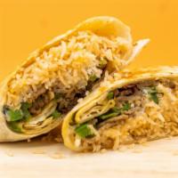 Gyro Rice Burrito · Rice, meat, green pepper, onions, and wrapped in a fresh flour tortilla.