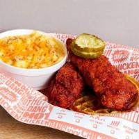 Hot Chicken And Waffles · Two Jumbo Tenders and 2 Waffles with syrup and butter + 1 Side