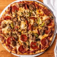 Big Supreme · Italian sausage, pepperoni, fresh mushrooms, green peppers, green olives, and onions.