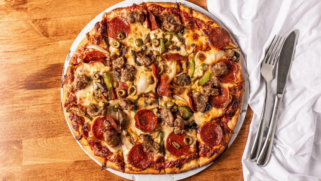 Big Supreme · Italian sausage, pepperoni, fresh mushrooms, green peppers, green olives, and onions.