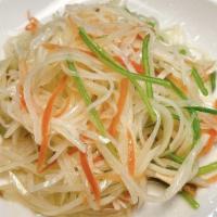 Shredded Potato Salad · Spicy. Thinly sliced potatoes mixed with carrots and chili peppers.