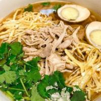 Chicken Noodles · Noodles with shredded chicken, small bok choy, tea egg cooked in chicken broth, topped with ...