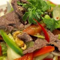 Beef Salad · Gluten-free. Beef tenderloin mixed with fresh lettuce, tomato, cucumber, onion, lime juice d...