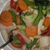 Mixed Vegetables Stir Fried · Gluten-free. Fresh colorful vegetables—broccoli, mushrooms, onion, bell pepper, carrot, snow...