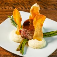 Filet Mignon · Eight oz filet, whipped potatoes, green beans, zinfandel demi-glace. Consuming raw or underc...