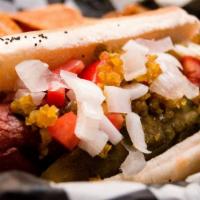 Sully'S Dog · 100% all-beef dog on a poppy seed bun topped with pickles, tomatoes, onion and jalapeño.