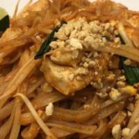 Pad Thai · Rice noodles, egg, scallions, bean sprouts topped with peanuts.