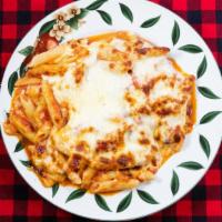 Mostaccioli Parmigania (Large) · Penne Nooldles with Marinara Sauce and Mozzarella Cheese Baked on top