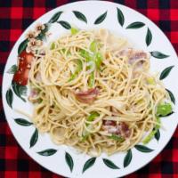 Spaghetti Carbonara (Small) · With bacon, garlic, onions, green peppers and seasonings.