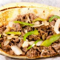 Deluxe Philly Cheese Steak · Steak or chicken, onions, green peppers, mushrooms, and white American cheese on an amoroso ...