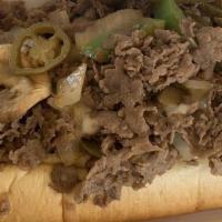 Spicy Philly Cheese Steak · Spicy. Steak or chicken, onions, green peppers, jalapenos, and cream cheese on an amoroso ho...