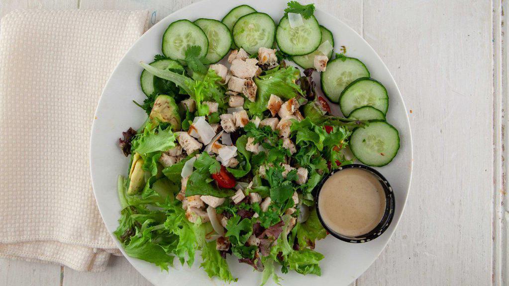 Caribbean Chicken · grilled chicken, avocado, cucumber, cherry tomatoes, spring mix, toasted coconut flakes, sesame jalapeno dressing