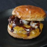Bbq Cheddar Burger · Two grilled and juicy Bacon and Beef patties, cheddar, grilled onions and chef's specialty r...