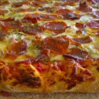 Big And Meaty Pizza · Premium thick-cut Applewood-smoked bacon, smokey Canadian bacon, Frato's specialty sausage a...
